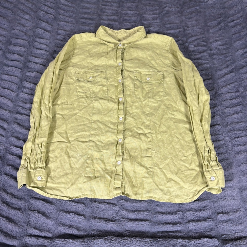 J. Jill Love Linen Chartreuse Green Button Down Shirt Long Sleeve Womens Large